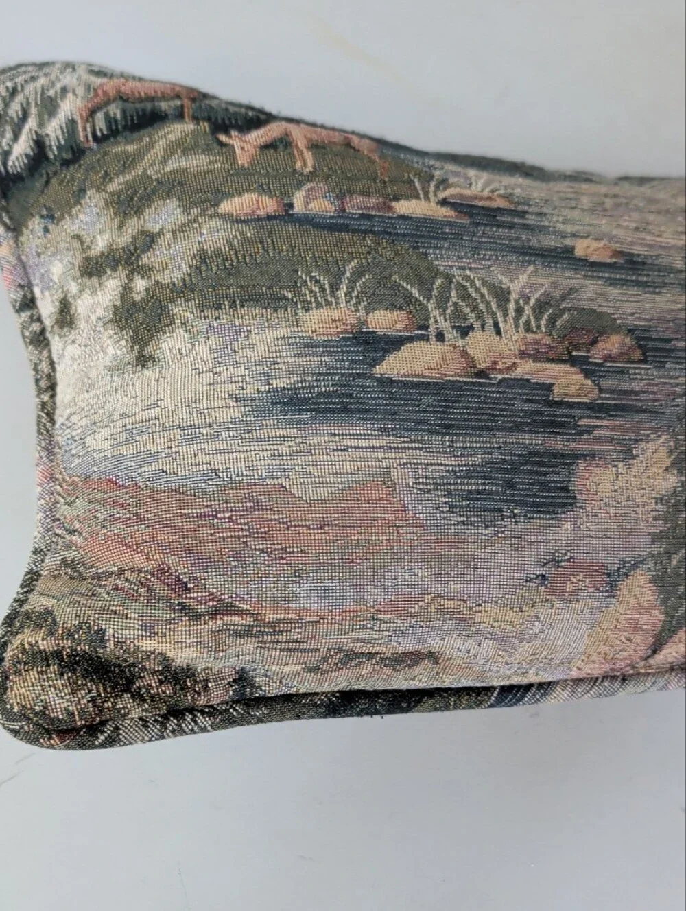 Scenic Fisherman Tapestry Accent Pillow Blue Green Dad Fishing Deer River Nature